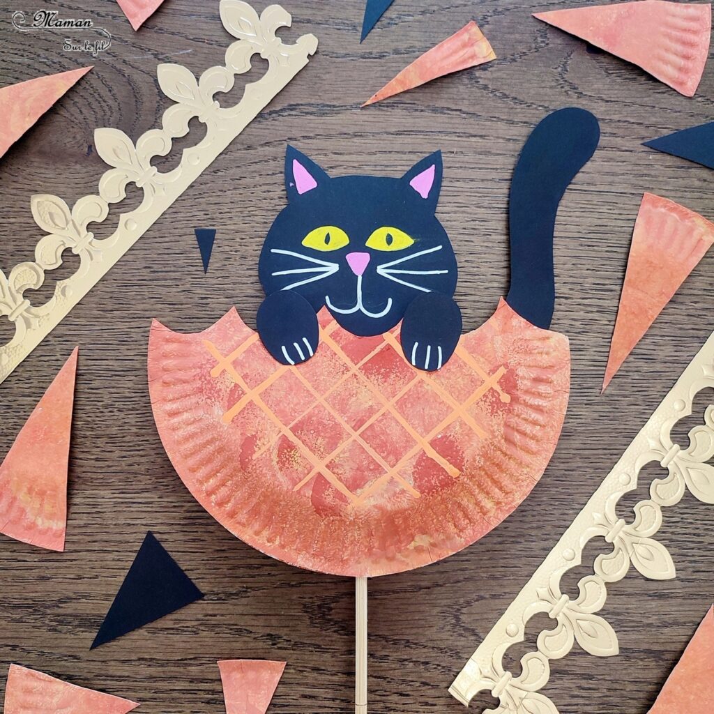 Fabriquer un chat noir qui se cache dans la galette des rois : activité créative et manuelle enfants pour fêter l'Epiphanie - Bricolage et jeu DIY rigolo et mignon - Chat qui croque la galette - Récup' Assiette en carton - Peinture, découpage, collage, dessin - Arts visuels et Bricolage maternelle ou élémentaire (cycles 1, 2 et 3) - Thème Epiphanie, Galette, animaux domestiques - Créativité - tutoriel photos et vidéo - mslf