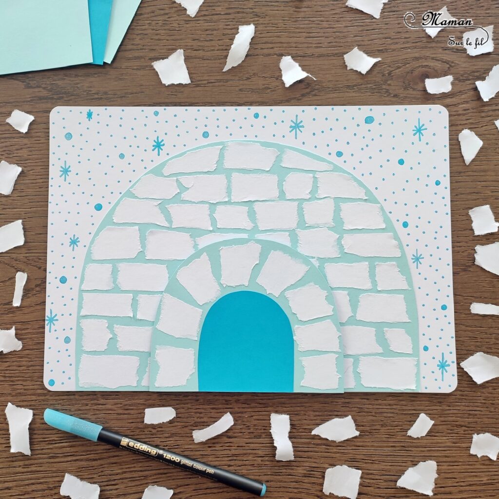 Créer un igloo en papier déchiré : activité créative, récup' et manuelle enfants - Déchirer, découper et coller du papier - Découpage et collage - Chutes de papier blanc - Dessin et graphismes - Arts visuels et Bricolage - Thème hiver, neige, froid, banquise, arctique et antarctique - Arts visuels et atelier Maternelle et élémentaire - Créativité - Cycle 1 ou 2 - tutoriel photos - mslf