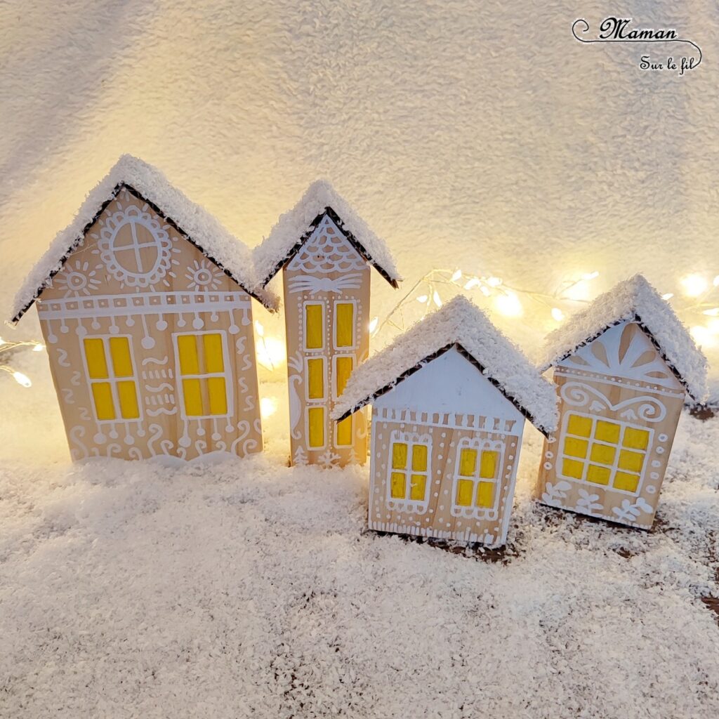 Fabriquer un village d'hiver en bois et récup' : activité créative, récup' et manuelle enfants - Bricolage et décoration facile à faire - Recyclage, surcyclage de carton - Maisons en bois avec toit enneigé en carton - Découpage, collage, fausse neige - Dessins et graphismes blancs - Bricolage sympa pour une décoration hivernale - Arts visuels et Bricolage - Thème hiver, neige, nuit - Arts visuels et atelier Maternelle et élémentaire - Créativité - Cycle 1 ou 2 - tutoriel photos - mslf