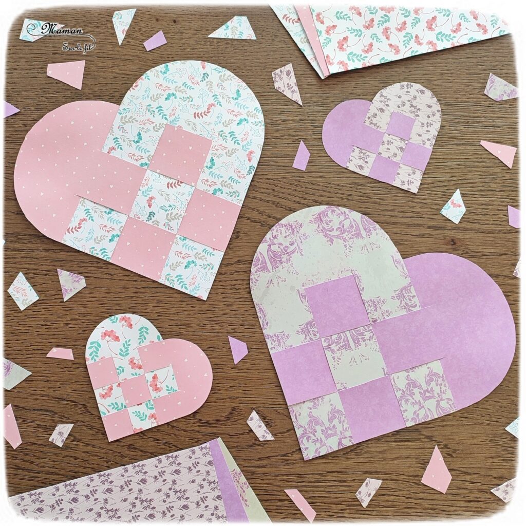 Fabriquer des coeurs tissés en papier pour la Saint-Valentin ou tout autre occasion : activité créative et manuelle enfants - Carte DIY avec découpage, collage, tissage de papier - Arts visuels et Bricolage maternelle ou élémentaire (cycles 1, 2 et 3) - Géométrie, utilisation d'un compas et d'une règle - Thème Saint-Valentin, Amour, Amitié, à offrir - Créativité - tutoriel photos - mslf