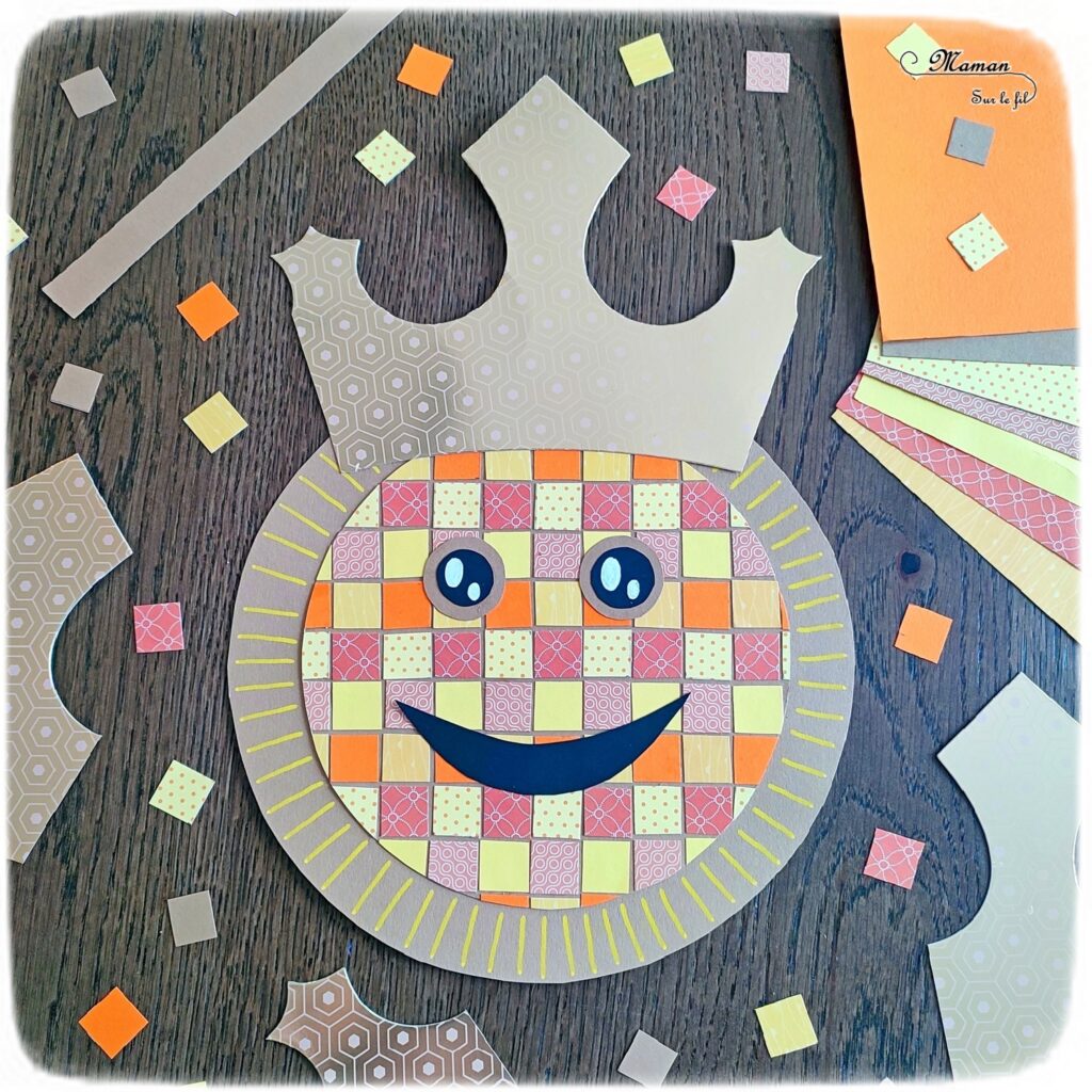 Créer une galette mignonne en mosaïque de papiers : activité créative et manuelle enfants - Géométrie, découpage, collage - Dessin, Visage rigolo et couronne - Récup' de chutes de papier, de magazines et de couronnes de l'épiphanie - Arts visuels et Bricolage maternelle ou élémentaire (cycles 1, 2 et 3) - Thème Epiphanie, Galette, Fête des rois - Créativité - tutoriel photos - mslf