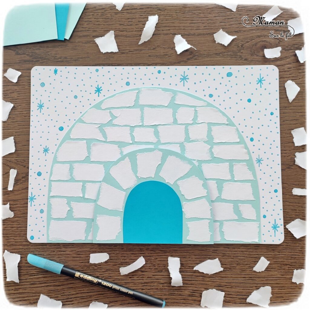 Créer un igloo en papier déchiré : activité créative, récup' et manuelle enfants - Déchirer, découper et coller du papier - Découpage et collage - Chutes de papier blanc - Dessin et graphismes - Arts visuels et Bricolage - Thème hiver, neige, froid, banquise, arctique et antarctique - Arts visuels et atelier Maternelle et élémentaire - Créativité - Cycle 1 ou 2 - tutoriel photos - mslf