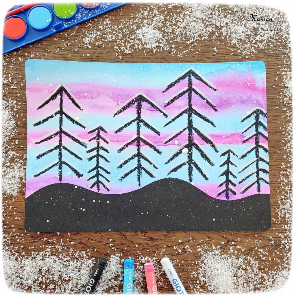 Dessiner des sapins enneigés sur fond hivernal : activité créative et manuelle enfants - Peinture type aquarelle, dessins aux pastels et aux marqueurs peinture - Peinture éclaboussée pour l'effet neige - Travail des lignes obliques en maternelle - Graphismes - Découpage, collage - Bricolage sympa pour une décoration hivernale - Arts visuels et Bricolage - Thème hiver, neige, arbres, paysages, nuit - Arts visuels et atelier Maternelle et élémentaire - Créativité - Cycle 1 ou 2 - tutoriel photos - mslf