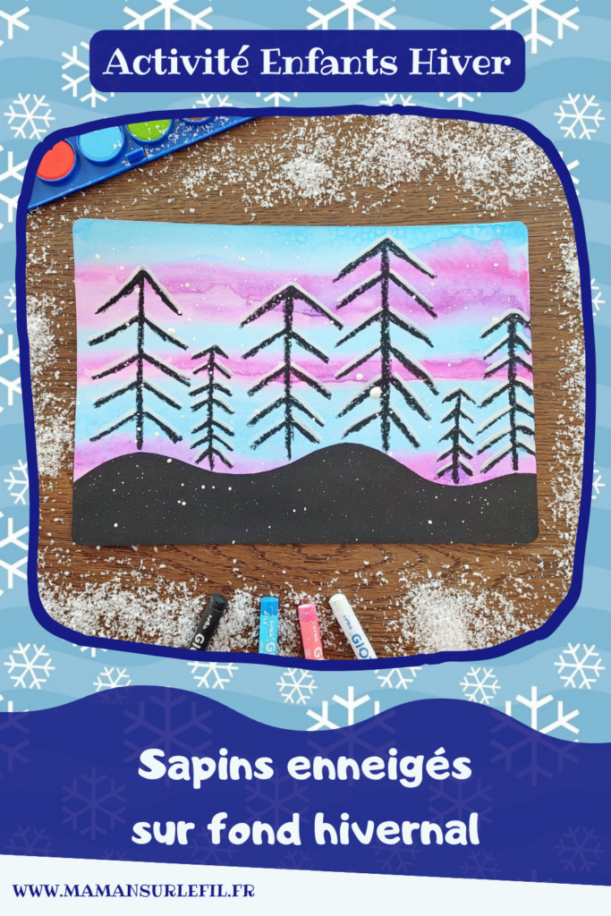 Dessiner des sapins enneigés sur fond hivernal : activité créative et manuelle enfants - Peinture type aquarelle, dessins aux pastels et aux marqueurs peinture - Peinture éclaboussée pour l'effet neige - Travail des lignes obliques en maternelle - Graphismes - Découpage, collage - Bricolage sympa pour une décoration hivernale - Arts visuels et Bricolage - Thème hiver, neige, arbres, paysages, nuit - Arts visuels et atelier Maternelle et élémentaire - Créativité - Cycle 1 ou 2 - tutoriel photos - mslf