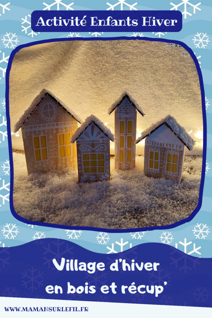 Fabriquer un village d'hiver en bois et récup' : activité créative, récup' et manuelle enfants - Bricolage et décoration facile à faire - Recyclage, surcyclage de carton - Maisons en bois avec toit enneigé en carton - Découpage, collage, fausse neige - Dessins et graphismes blancs - Bricolage sympa pour une décoration hivernale - Arts visuels et Bricolage - Thème hiver, neige, nuit - Arts visuels et atelier Maternelle et élémentaire - Créativité - Cycle 1 ou 2 - tutoriel photos - mslf