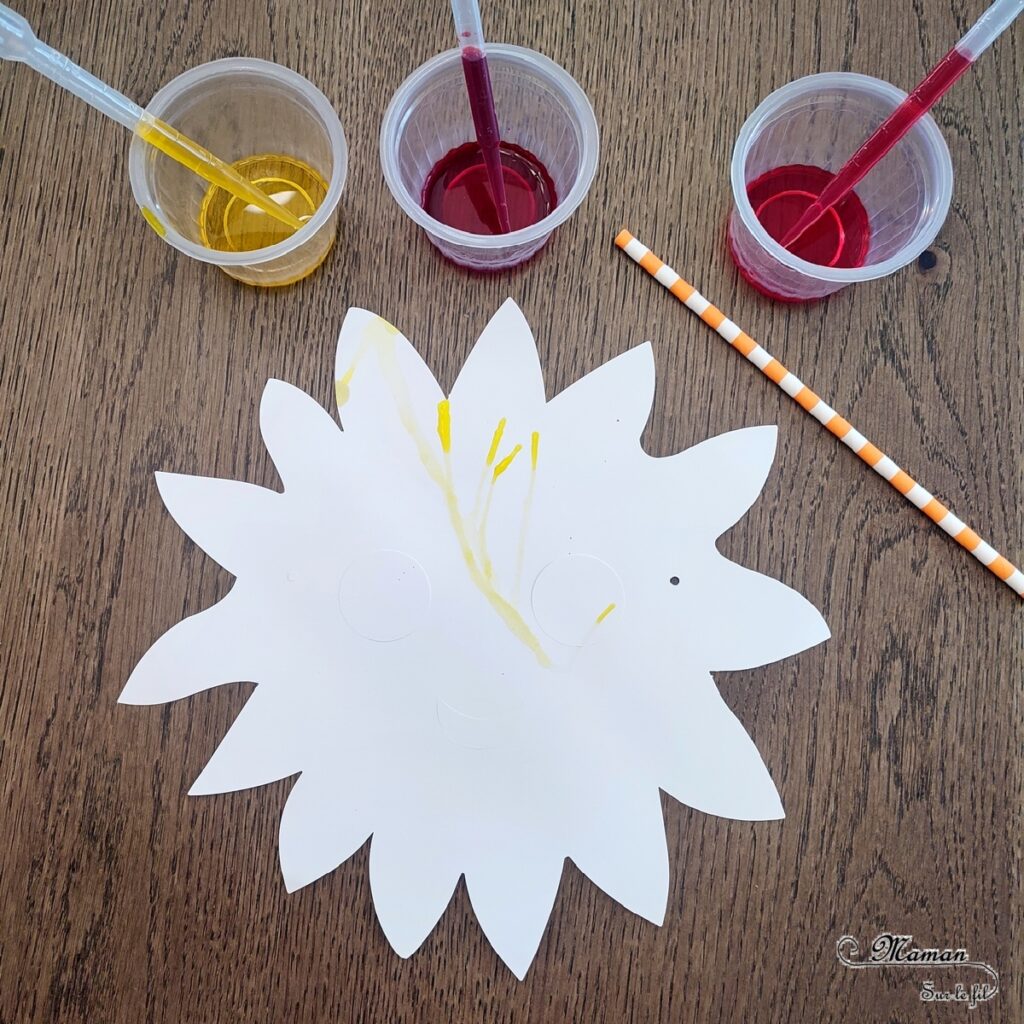 Décorer des masques à l'encre soufflée à la paille pour le carnaval : activité créative et manuelle enfants - Masques en papier cartonné (fleur et soleil) décorés avec la technique de l'encre soufflée - Pipettes et pailles - Graphismes et dessins noirs pour le contraste - Arts visuels et Bricolage maternelle ou élémentaire (cycles 1, 2) - Thème carnaval, Mardi-Gras, déguisement, printemps, fleurs, météo, soleil - Créativité - tutoriel photos - mslf