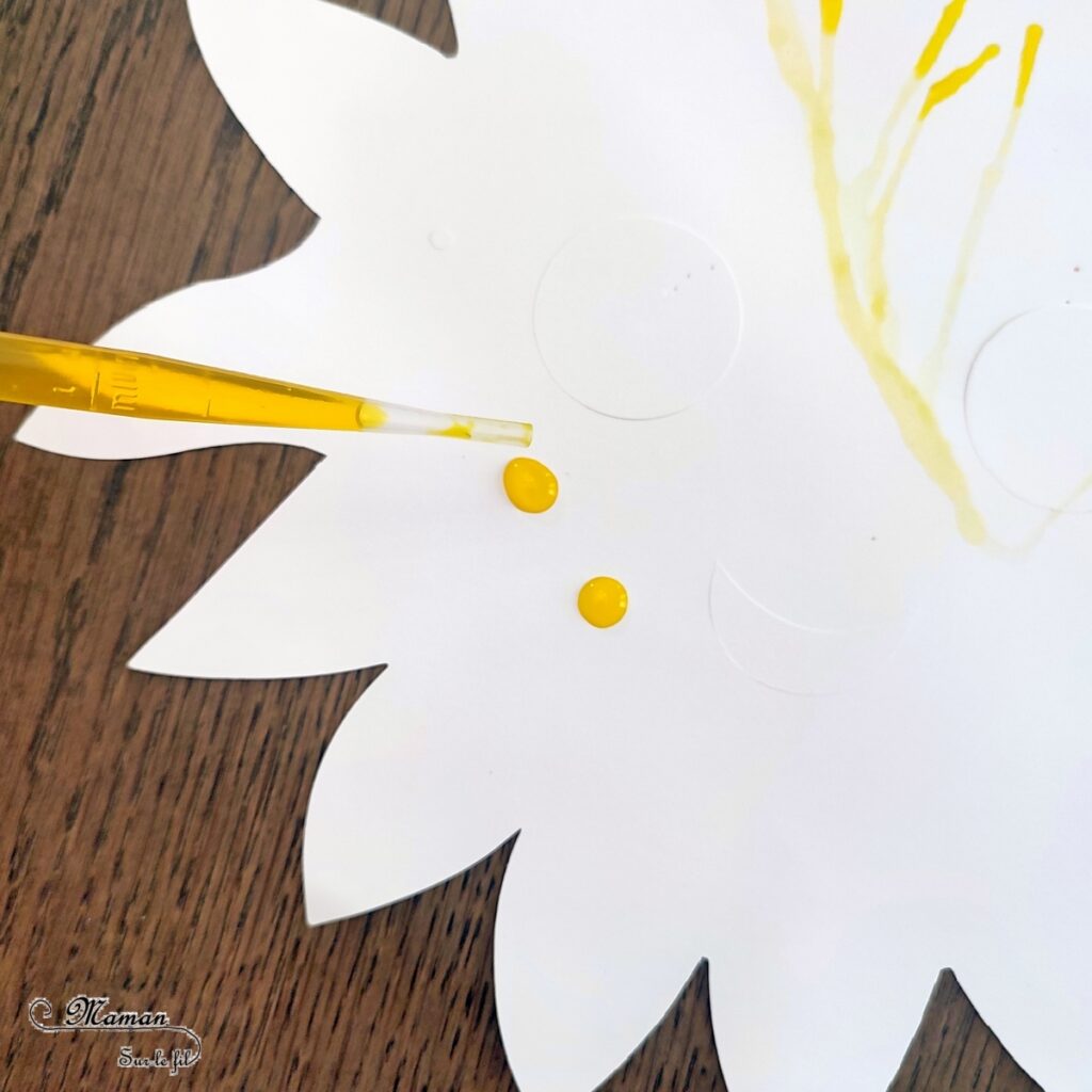 Décorer des masques à l'encre soufflée à la paille pour le carnaval : activité créative et manuelle enfants - Masques en papier cartonné (fleur et soleil) décorés avec la technique de l'encre soufflée - Pipettes et pailles - Graphismes et dessins noirs pour le contraste - Arts visuels et Bricolage maternelle ou élémentaire (cycles 1, 2) - Thème carnaval, Mardi-Gras, déguisement, printemps, fleurs, météo, soleil - Créativité - tutoriel photos - mslf