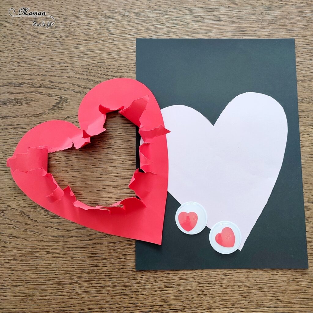 Fabriquer un coeur déchiré en son centre pour la Saint-Valentin ou tout autre occasion : activité créative et manuelle enfants - Récup' de chutes de papier divers - Déchirer, découper et coller du papier - Visage rigolo avec de gros yeux mobiles coeurs - Carte DIY - Fait maison - Dessin et graphismes - Arts visuels et Bricolage maternelle ou élémentaire (cycles 1, 2 et 3) - Thème Saint-Valentin, Amour, Amitié, à offrir, fête des mères, pères, grands-mères, grands-pères - Créativité - tutoriel photos - mslf