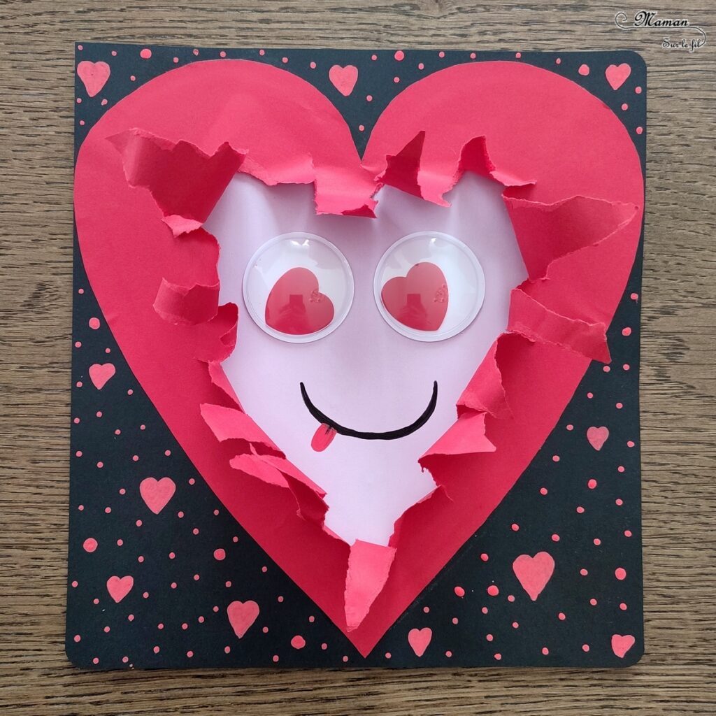 Fabriquer un coeur déchiré en son centre pour la Saint-Valentin ou tout autre occasion : activité créative et manuelle enfants - Récup' de chutes de papier divers - Déchirer, découper et coller du papier - Visage rigolo avec de gros yeux mobiles coeurs - Carte DIY - Fait maison - Dessin et graphismes - Arts visuels et Bricolage maternelle ou élémentaire (cycles 1, 2 et 3) - Thème Saint-Valentin, Amour, Amitié, à offrir, fête des mères, pères, grands-mères, grands-pères - Créativité - tutoriel photos - mslf