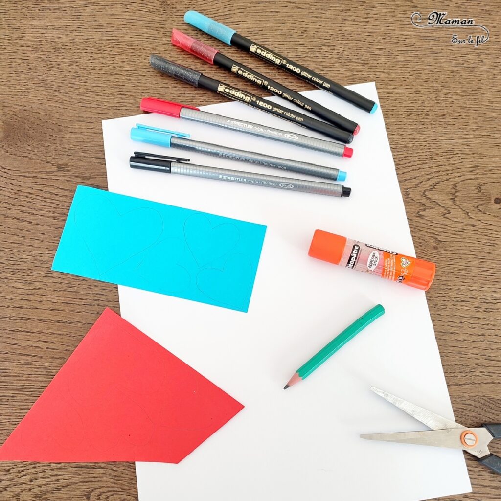 Dessiner des coeurs concentriques pailletés : activité créative et manuelle enfants - Carte DIY avec découpage, collage, dessin et graphismes - Coeurs en papier et contours faits aux marqueurs pailletés et feutres fins - Arts visuels et Bricolage maternelle ou élémentaire (cycles 1, 2 et 3) - Thème Saint-Valentin, Amour, Amitié, à offrir - Créativité - tutoriel photos - mslf