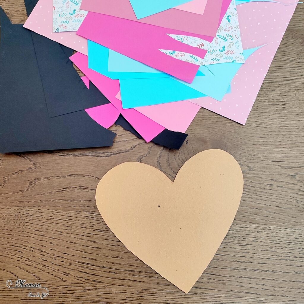 Fabriquer des coeurs en papier déchiré pour la Saint-Valentin ou tout autre occasion : activité créative et manuelle enfants - Récup' de carton et de chutes de papier divers - Déchirer et coller du papier - Carte DIY - Fait maisons - Arts visuels et Bricolage maternelle ou élémentaire (cycles 1, 2 et 3) - Thème Saint-Valentin, Amour, Amitié, à offrir - Créativité - tutoriel photos - mslf