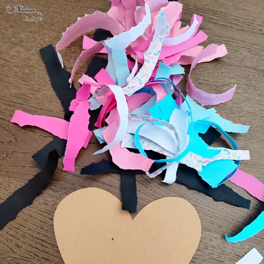 Fabriquer des coeurs en papier déchiré pour la Saint-Valentin ou tout autre occasion : activité créative et manuelle enfants - Récup' de carton et de chutes de papier divers - Déchirer et coller du papier - Carte DIY - Fait maisons - Arts visuels et Bricolage maternelle ou élémentaire (cycles 1, 2 et 3) - Thème Saint-Valentin, Amour, Amitié, à offrir - Créativité - tutoriel photos - mslf