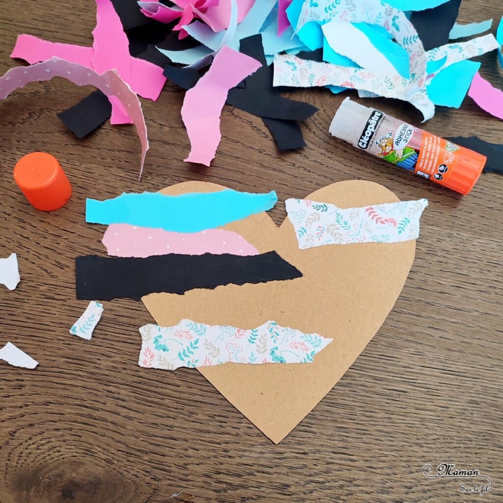 Fabriquer des coeurs en papier déchiré pour la Saint-Valentin ou tout autre occasion : activité créative et manuelle enfants - Récup' de carton et de chutes de papier divers - Déchirer et coller du papier - Carte DIY - Fait maisons - Arts visuels et Bricolage maternelle ou élémentaire (cycles 1, 2 et 3) - Thème Saint-Valentin, Amour, Amitié, à offrir - Créativité - tutoriel photos - mslf