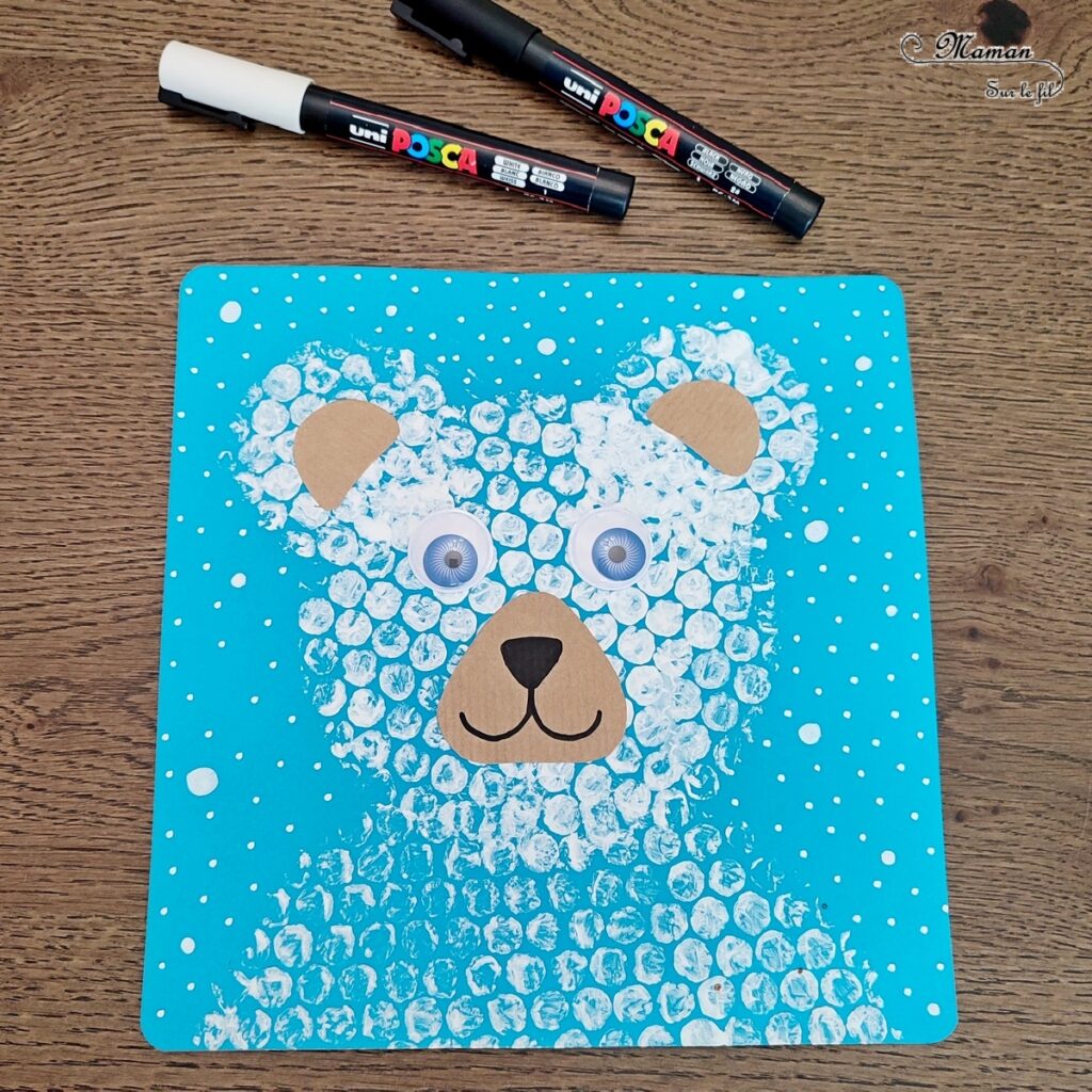 Peindre un ours polaire avec du papier à bulles : activité créative, récup' et manuelle enfants - Technique de Peinture rigolote - Découpage et collage - Récup' d'une enveloppe couleur Kraft et carton - Yeux mobiles, dessin et graphismes - Bricolage sympa pour une décoration hivernale - Surcyclage et recyclage - Arts visuels et Bricolage - Thème hiver, animaux de la banquise et du froid - Bricolage facile et rapide - Arts visuels et atelier Maternelle et élémentaire - Créativité - Cycle 1 ou 2 - tutoriel photos - mslf