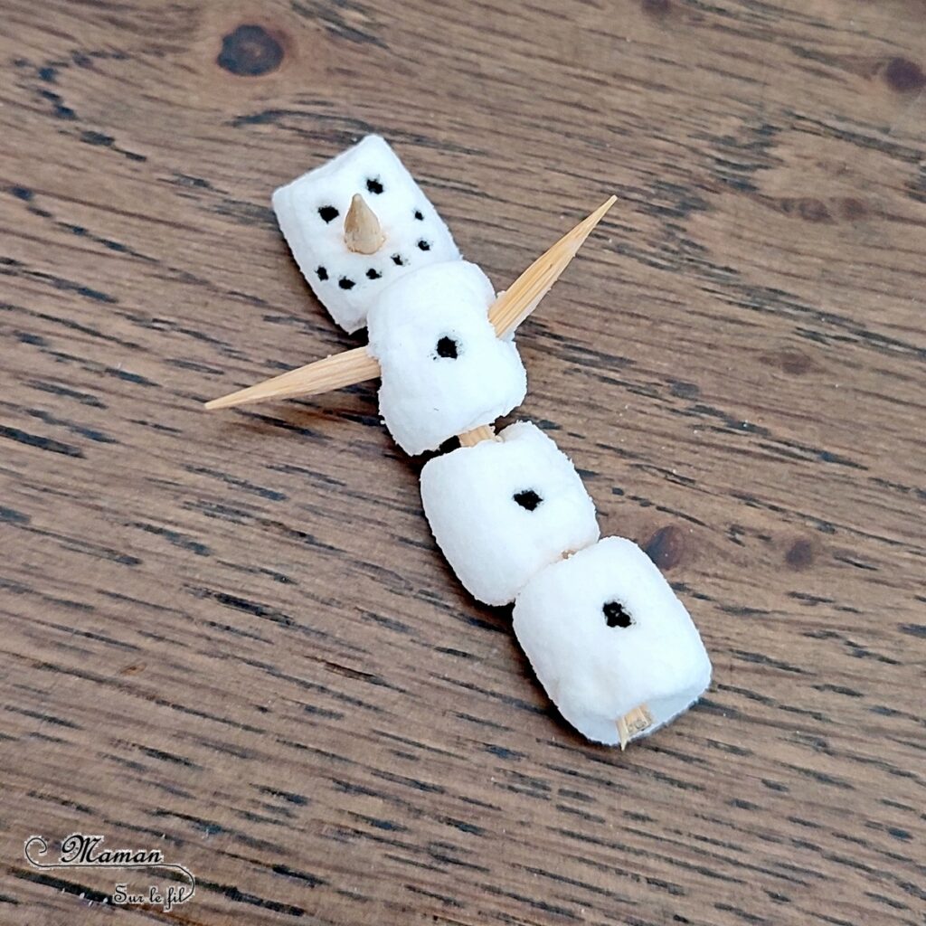 Fabriquer un bonhomme de neige en chamallows sur son lit de chocolat chaud : activité créative et cuisine enfants - Bricolage pour un goûter ou un dessert rigolo - Guimauves assemblées avec des cure-dents, gâteaux et pépites de chocolat - Mini ou grand bonhomme de neige dans son bain de chocolat chaud - Cuisine facile pour les enfants- Thème hiver, animaux de la banquise et du froid - Bricolage facile et rapide - Arts visuels et atelier Maternelle et élémentaire - Créativité - Cycle 1 ou 2 - tutoriel photos - mslf