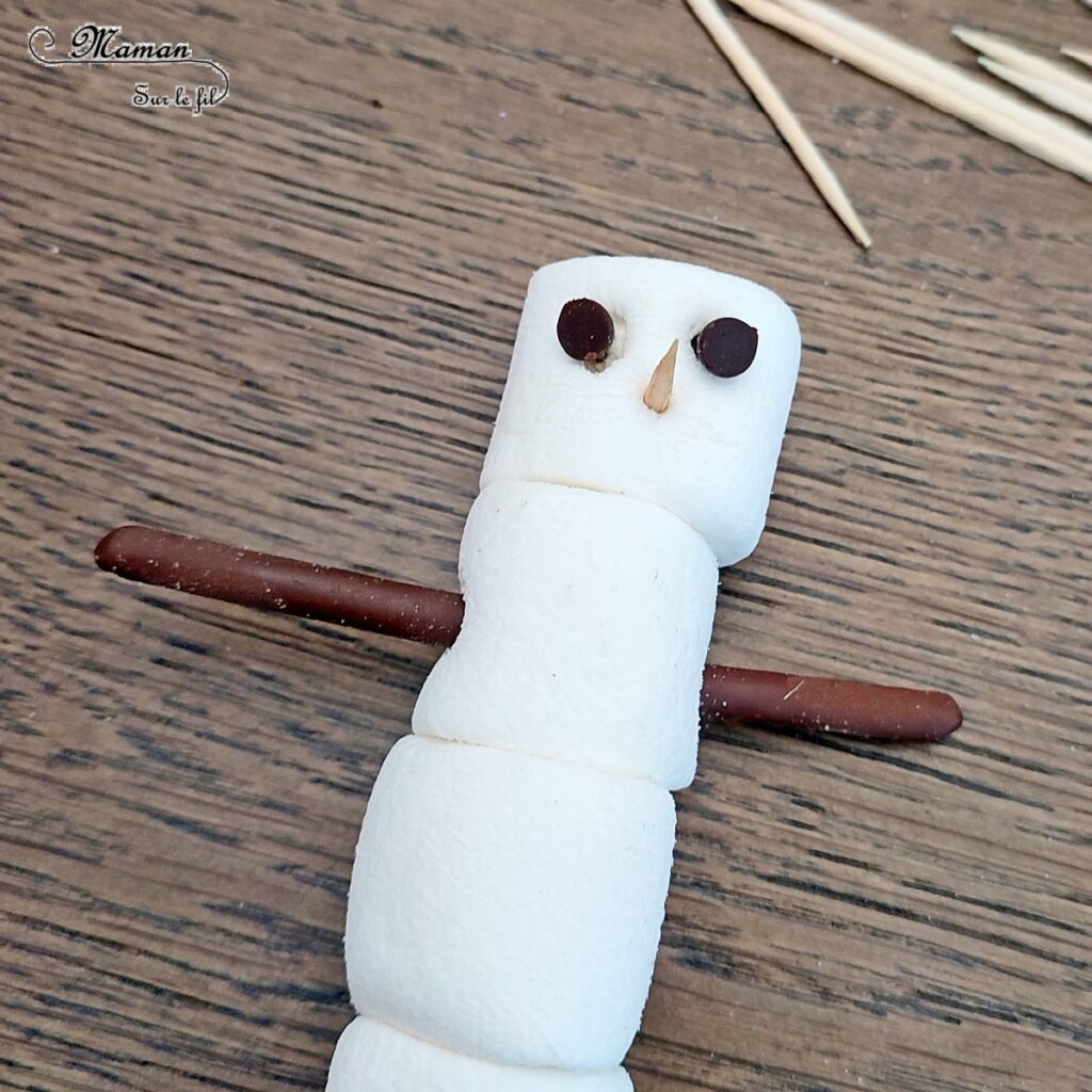 Fabriquer un bonhomme de neige en chamallows sur son lit de chocolat chaud : activité créative et cuisine enfants - Bricolage pour un goûter ou un dessert rigolo - Guimauves assemblées avec des cure-dents, gâteaux et pépites de chocolat - Mini ou grand bonhomme de neige dans son bain de chocolat chaud - Cuisine facile pour les enfants- Thème hiver, animaux de la banquise et du froid - Bricolage facile et rapide - Arts visuels et atelier Maternelle et élémentaire - Créativité - Cycle 1 ou 2 - tutoriel photos - mslf