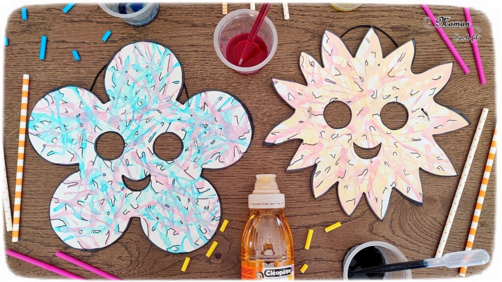 Décorer des masques à l'encre soufflée à la paille pour le carnaval : activité créative et manuelle enfants - Masques en papier cartonné (fleur et soleil) décorés avec la technique de l'encre soufflée - Pipettes et pailles - Graphismes et dessins noirs pour le contraste - Arts visuels et Bricolage maternelle ou élémentaire (cycles 1, 2) - Thème carnaval, Mardi-Gras, déguisement, printemps, fleurs, météo, soleil - Créativité - tutoriel photos - mslf