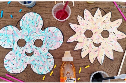 Décorer des masques à l'encre soufflée à la paille pour le carnaval : activité créative et manuelle enfants - Masques en papier cartonné (fleur et soleil) décorés avec la technique de l'encre soufflée - Pipettes et pailles - Graphismes et dessins noirs pour le contraste - Arts visuels et Bricolage maternelle ou élémentaire (cycles 1, 2) - Thème carnaval, Mardi-Gras, déguisement, printemps, fleurs, météo, soleil - Créativité - tutoriel photos - mslf