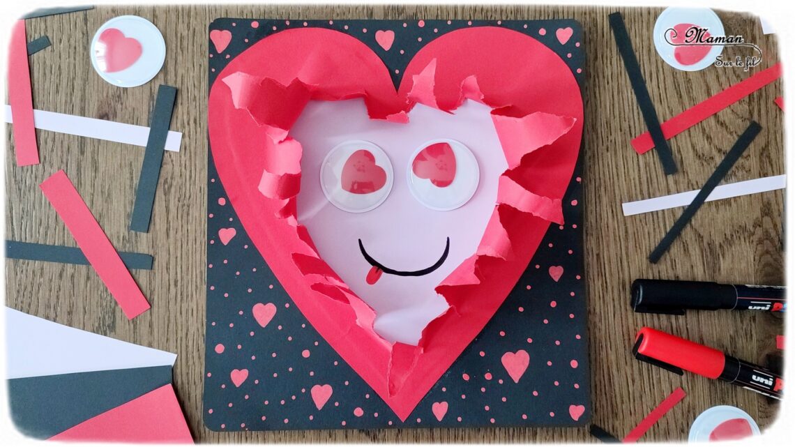 Fabriquer un coeur déchiré en son centre pour la Saint-Valentin ou tout autre occasion : activité créative et manuelle enfants - Récup' de chutes de papier divers - Déchirer, découper et coller du papier - Visage rigolo avec de gros yeux mobiles coeurs - Carte DIY - Fait maison - Dessin et graphismes - Arts visuels et Bricolage maternelle ou élémentaire (cycles 1, 2 et 3) - Thème Saint-Valentin, Amour, Amitié, à offrir, fête des mères, pères, grands-mères, grands-pères - Créativité - tutoriel photos - mslf