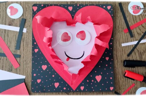 Fabriquer un coeur déchiré en son centre pour la Saint-Valentin ou tout autre occasion : activité créative et manuelle enfants - Récup' de chutes de papier divers - Déchirer, découper et coller du papier - Visage rigolo avec de gros yeux mobiles coeurs - Carte DIY - Fait maison - Dessin et graphismes - Arts visuels et Bricolage maternelle ou élémentaire (cycles 1, 2 et 3) - Thème Saint-Valentin, Amour, Amitié, à offrir, fête des mères, pères, grands-mères, grands-pères - Créativité - tutoriel photos - mslf