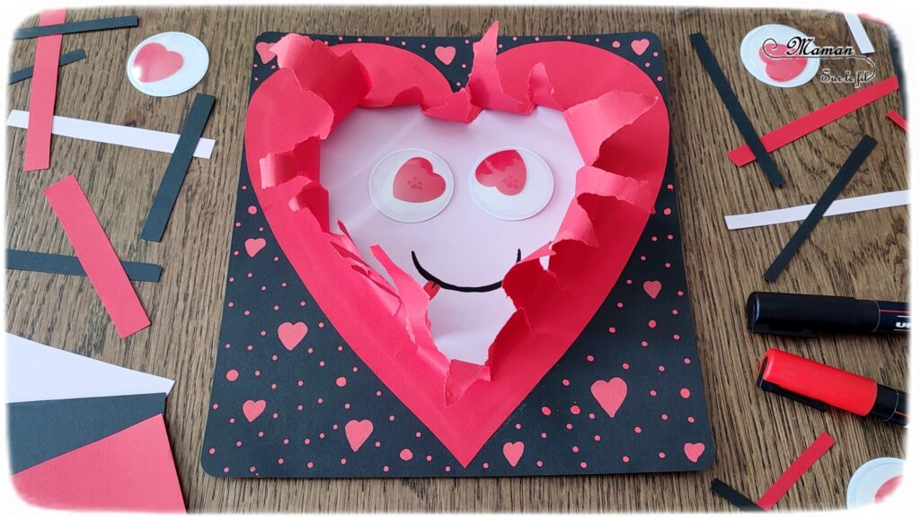 Fabriquer un coeur déchiré en son centre pour la Saint-Valentin ou tout autre occasion : activité créative et manuelle enfants - Récup' de chutes de papier divers - Déchirer, découper et coller du papier - Visage rigolo avec de gros yeux mobiles coeurs - Carte DIY - Fait maison - Dessin et graphismes - Arts visuels et Bricolage maternelle ou élémentaire (cycles 1, 2 et 3) - Thème Saint-Valentin, Amour, Amitié, à offrir, fête des mères, pères, grands-mères, grands-pères - Créativité - tutoriel photos - mslf