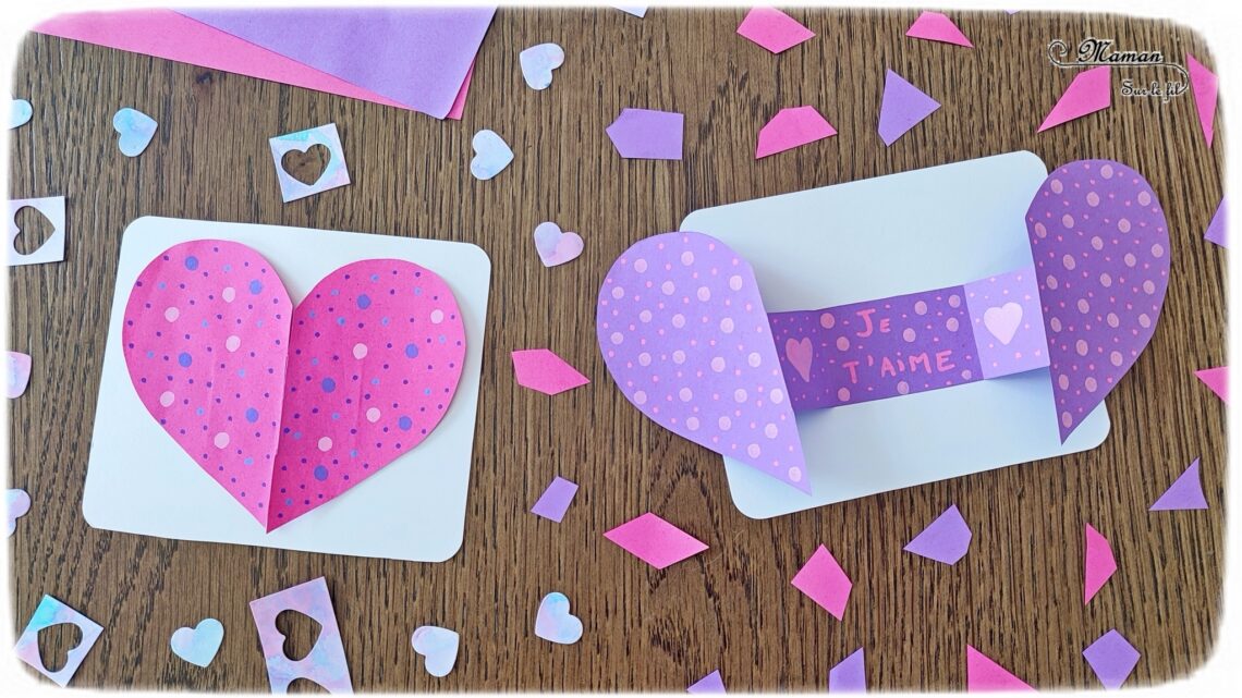 Fabriquer des cartes Coeurs qui s'ouvrent : activité créative et manuelle enfants - Bricolage DIY et cadeau Fait Maison - Découpage, pliage, collage de papier pour une carte d'amour - Message caché à l'intérieur du coeur - Cadeau, carte à offrir pour la Saint Valentin, la fête des mères, pères, grands-mères-, grands-pères... - Arts visuels et Bricolage maternelle ou élémentaire (cycles 1, 2 et 3) - Thème Saint-Valentin, Amour, Amitié, à offrir - Créativité - tutoriel photos et vidéos - mslf