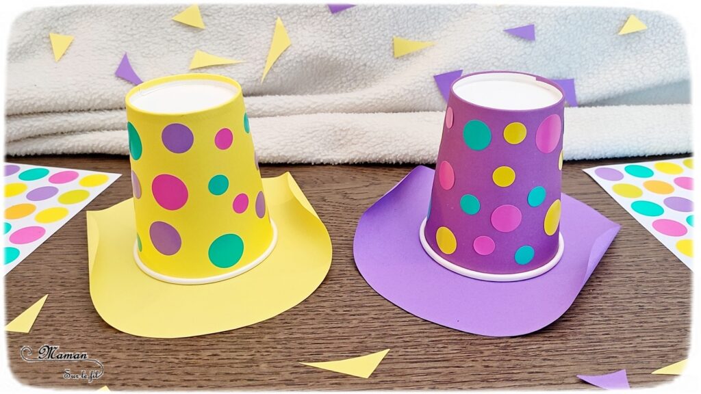 Fabriquer des chapeaux de Carnaval avec des gobelets et des gommettes : activité créative et manuelle enfants - Bricolage facile pour une décoration pour Mardi-Gras - Collage de gommettes sur des verres en carton ou en plastique - Utilisation du compas - Découpage et roulage de papier - Arts visuels et Bricolage maternelle ou élémentaire (cycles 1, 2) - Thème carnaval, Mardi-Gras, déguisement - Créativité - tutoriel photos - mslf