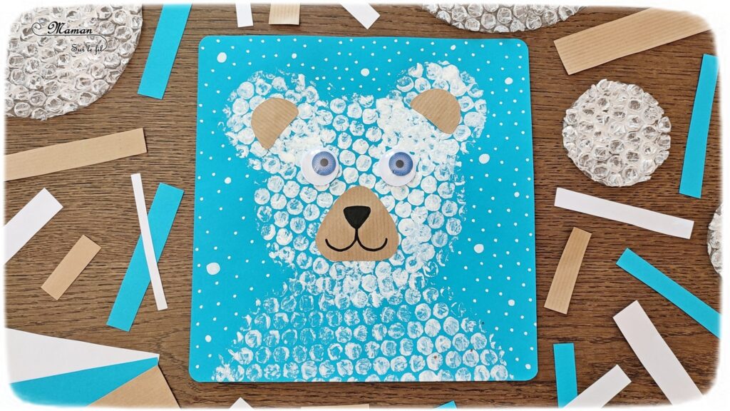 Peindre un ours polaire avec du papier à bulles : activité créative, récup' et manuelle enfants - Technique de Peinture rigolote - Découpage et collage - Récup' d'une enveloppe couleur Kraft et carton - Yeux mobiles, dessin et graphismes - Bricolage sympa pour une décoration hivernale - Surcyclage et recyclage - Arts visuels et Bricolage - Thème hiver, animaux de la banquise et du froid - Bricolage facile et rapide - Arts visuels et atelier Maternelle et élémentaire - Créativité - Cycle 1 ou 2 - tutoriel photos - mslf