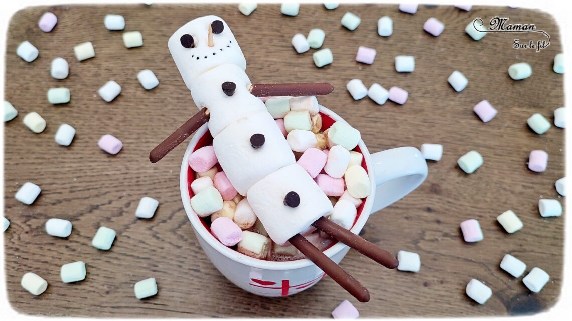 Fabriquer un bonhomme de neige en chamallows sur son lit de chocolat chaud : activité créative et cuisine enfants - Bricolage pour un goûter ou un dessert rigolo - Guimauves assemblées avec des cure-dents, gâteaux et pépites de chocolat - Mini ou grand bonhomme de neige dans son bain de chocolat chaud - Cuisine facile pour les enfants- Thème hiver, animaux de la banquise et du froid - Bricolage facile et rapide - Arts visuels et atelier Maternelle et élémentaire - Créativité - Cycle 1 ou 2 - tutoriel photos - mslf