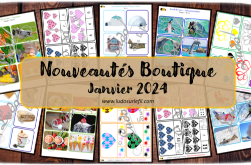 Nouveautés janvier 2024 - Boutique en ligne Ludo sur le fil - fichiers jeux pdf à télécharger et imprimer ou jeux imprimés envoyés à domicile - Thèmes Hiver et Saint Valentin - Jeu d'association Dessin Photos, cartes à pince, dénombrement, mathématiques, couleurs, jeu de lecture en script, cursif, majuscule - Photos, discrimination visuelle, association, mise en paire, dénombrement - jeux, activités - atelier autocorrectif multi niveaux donc progressif - Vocabulaire, lexique - Maternelle Cycle 2 - Autonomie - mslf