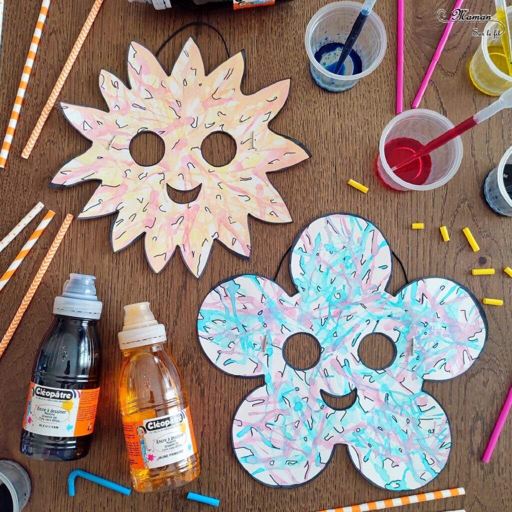 Décorer des masques à l'encre soufflée à la paille pour le carnaval : activité créative et manuelle enfants - Masques en papier cartonné (fleur et soleil) décorés avec la technique de l'encre soufflée - Pipettes et pailles - Graphismes et dessins noirs pour le contraste - Arts visuels et Bricolage maternelle ou élémentaire (cycles 1, 2) - Thème carnaval, Mardi-Gras, déguisement, printemps, fleurs, météo, soleil - Créativité - tutoriel photos - mslf