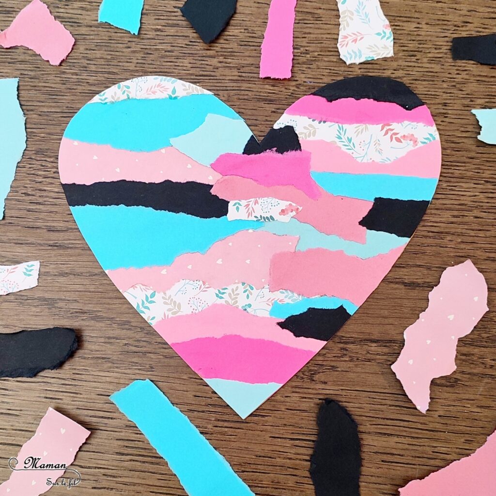 Fabriquer des coeurs en papier déchiré pour la Saint-Valentin ou tout autre occasion : activité créative et manuelle enfants - Récup' de carton et de chutes de papier divers - Déchirer et coller du papier - Carte DIY - Fait maisons - Arts visuels et Bricolage maternelle ou élémentaire (cycles 1, 2 et 3) - Thème Saint-Valentin, Amour, Amitié, à offrir - Créativité - tutoriel photos - mslf