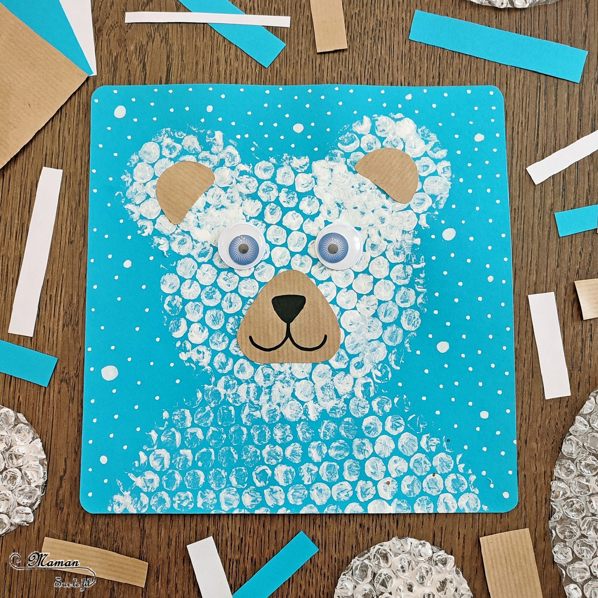 Peindre un ours polaire avec du papier à bulles : activité créative, récup' et manuelle enfants - Technique de Peinture rigolote - Découpage et collage - Récup' d'une enveloppe couleur Kraft et carton - Yeux mobiles, dessin et graphismes - Bricolage sympa pour une décoration hivernale - Surcyclage et recyclage - Arts visuels et Bricolage - Thème hiver, animaux de la banquise et du froid - Bricolage facile et rapide - Arts visuels et atelier Maternelle et élémentaire - Créativité - Cycle 1 ou 2 - tutoriel photos - mslf