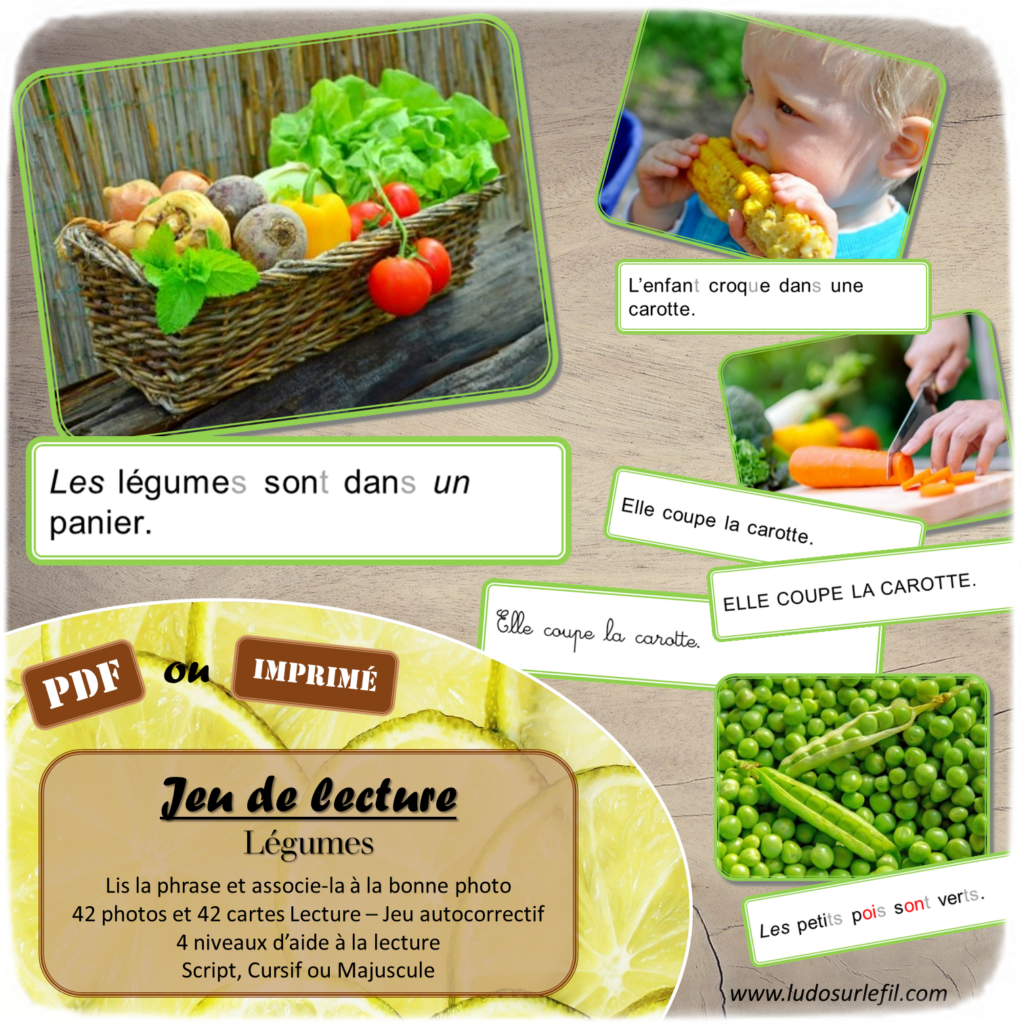 Jeu de lecture - Légumes - Lis les phrases sur les cartes et associe-les à la bonne photo - Lecture de phrases, fluence et compréhension de l'écrit - 4 niveaux d'aide à la lecture - Thèmes Printemps, potager, nourriture - Lexique et Vocabulaire - Atelier autocorrectif et autonome - apprentissage lecture - Cycle 2 - 42 photos - PDF à télécharger et à imprimer ou jeu imprimé - Atelier autonome - lslf