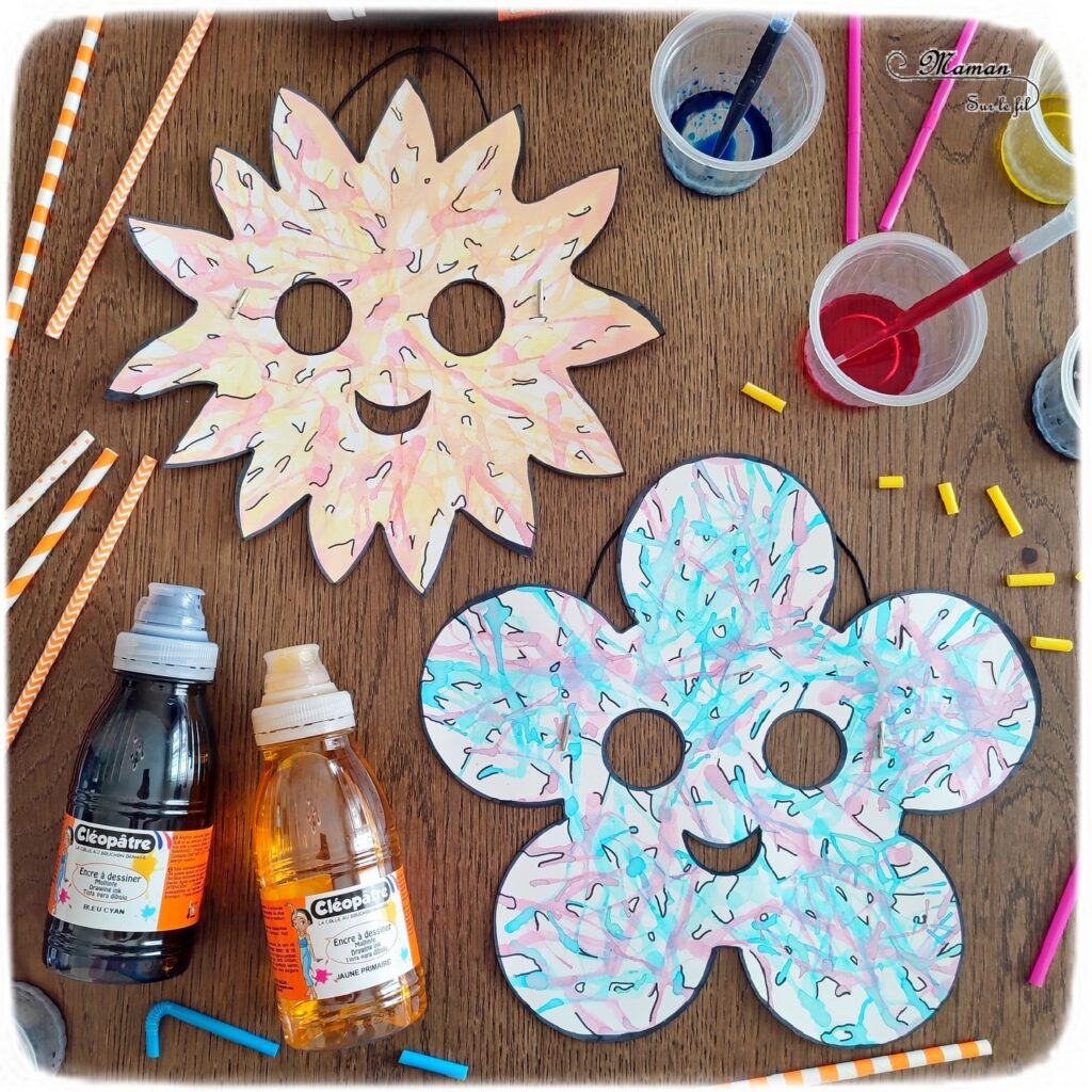 Décorer des masques à l'encre soufflée à la paille pour le carnaval : activité créative et manuelle enfants - Masques en papier cartonné (fleur et soleil) décorés avec la technique de l'encre soufflée - Pipettes et pailles - Graphismes et dessins noirs pour le contraste - Arts visuels et Bricolage maternelle ou élémentaire (cycles 1, 2) - Thème carnaval, Mardi-Gras, déguisement, printemps, fleurs, météo, soleil - Créativité - tutoriel photos - mslf