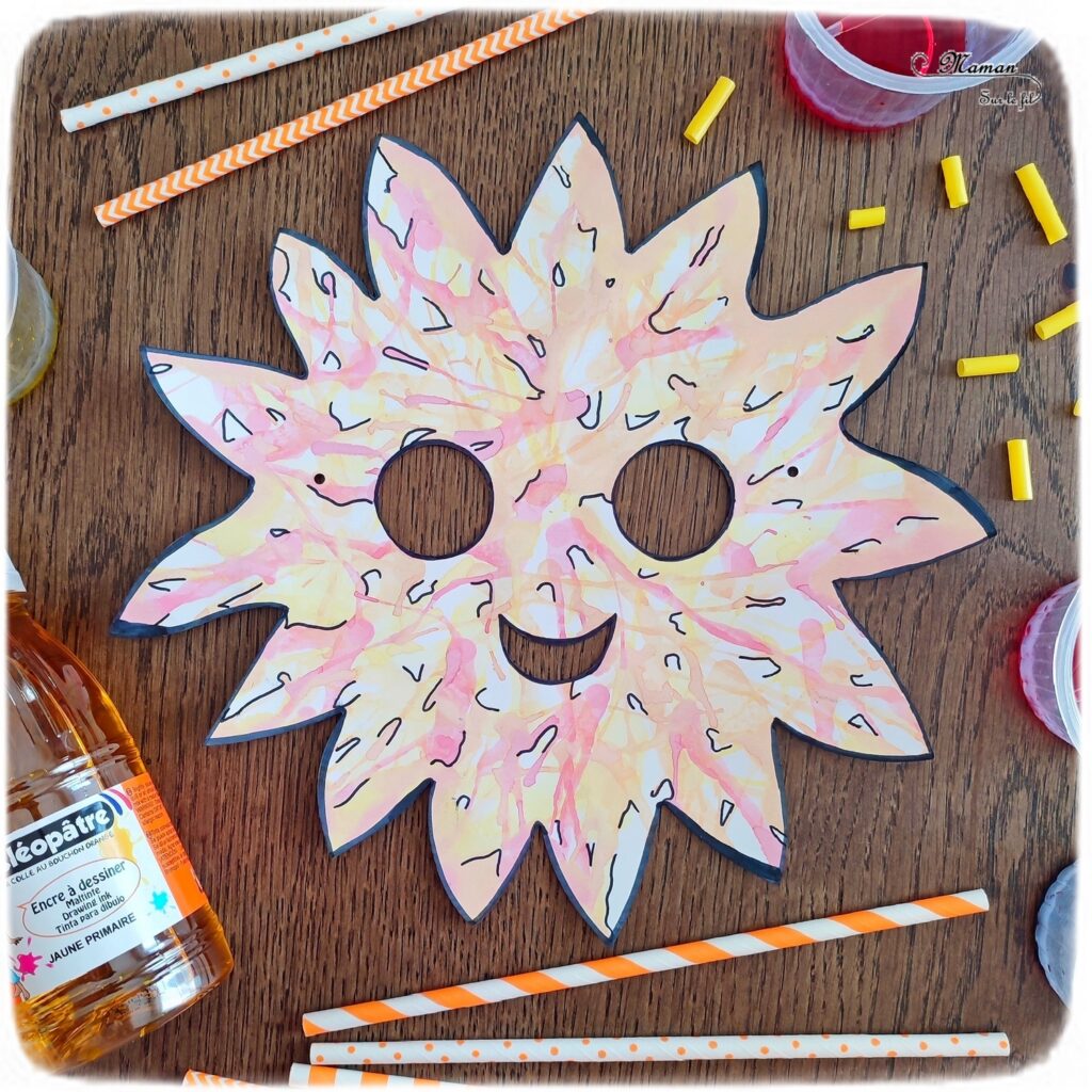 Décorer des masques à l'encre soufflée à la paille pour le carnaval : activité créative et manuelle enfants - Masques en papier cartonné (fleur et soleil) décorés avec la technique de l'encre soufflée - Pipettes et pailles - Graphismes et dessins noirs pour le contraste - Arts visuels et Bricolage maternelle ou élémentaire (cycles 1, 2) - Thème carnaval, Mardi-Gras, déguisement, printemps, fleurs, météo, soleil - Créativité - tutoriel photos - mslf