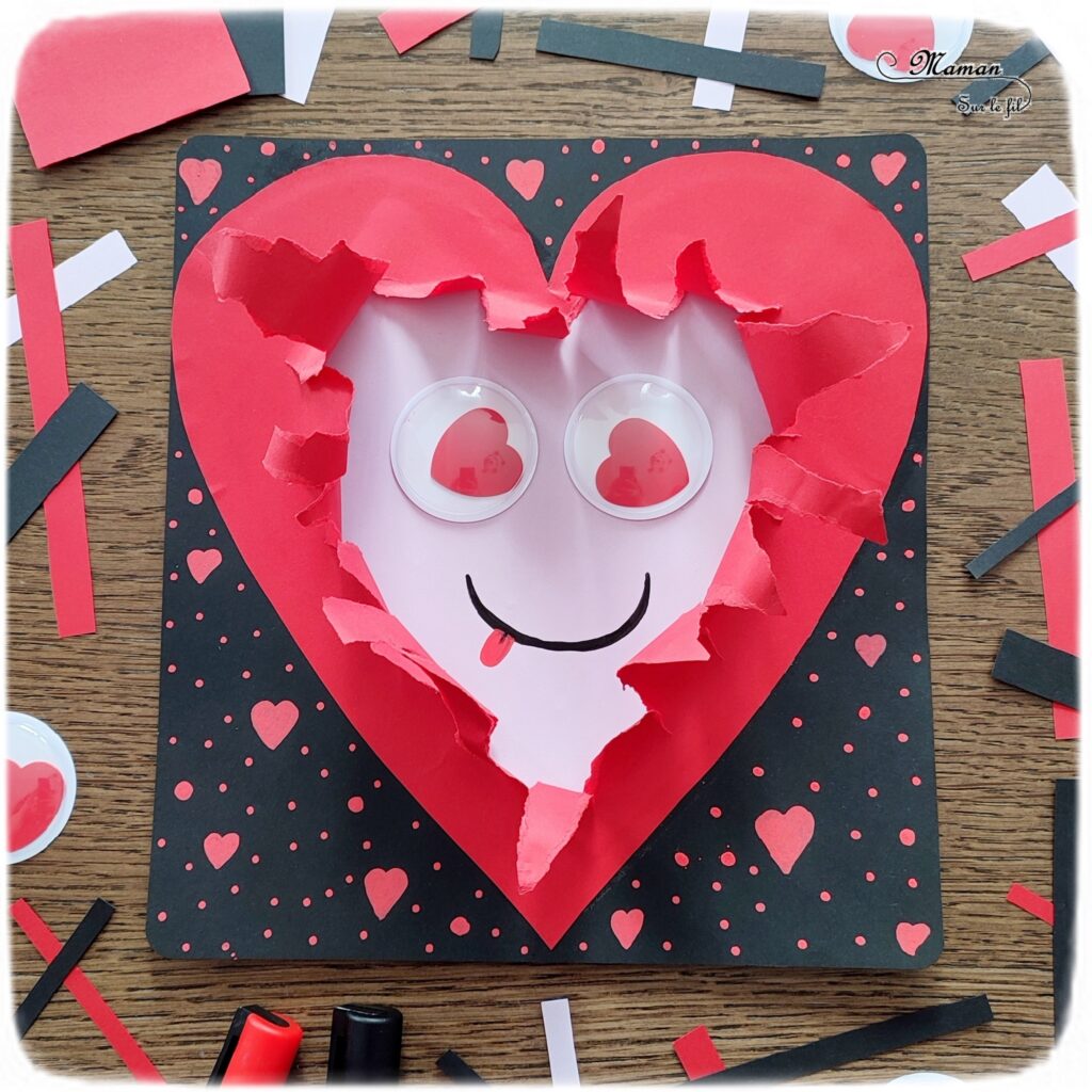 Fabriquer un coeur déchiré en son centre pour la Saint-Valentin ou tout autre occasion : activité créative et manuelle enfants - Récup' de chutes de papier divers - Déchirer, découper et coller du papier - Visage rigolo avec de gros yeux mobiles coeurs - Carte DIY - Fait maison - Dessin et graphismes - Arts visuels et Bricolage maternelle ou élémentaire (cycles 1, 2 et 3) - Thème Saint-Valentin, Amour, Amitié, à offrir, fête des mères, pères, grands-mères, grands-pères - Créativité - tutoriel photos - mslf