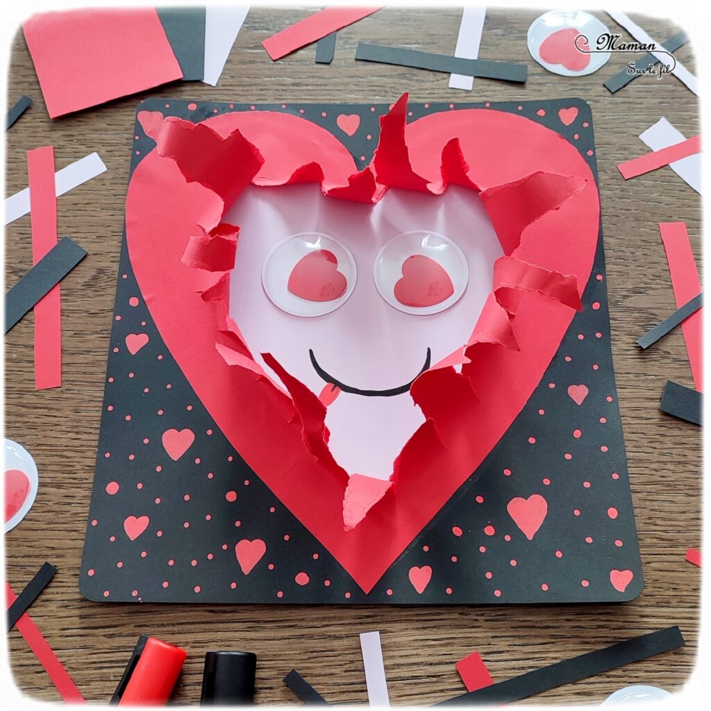 Fabriquer un coeur déchiré en son centre pour la Saint-Valentin ou tout autre occasion : activité créative et manuelle enfants - Récup' de chutes de papier divers - Déchirer, découper et coller du papier - Visage rigolo avec de gros yeux mobiles coeurs - Carte DIY - Fait maison - Dessin et graphismes - Arts visuels et Bricolage maternelle ou élémentaire (cycles 1, 2 et 3) - Thème Saint-Valentin, Amour, Amitié, à offrir, fête des mères, pères, grands-mères, grands-pères - Créativité - tutoriel photos - mslf