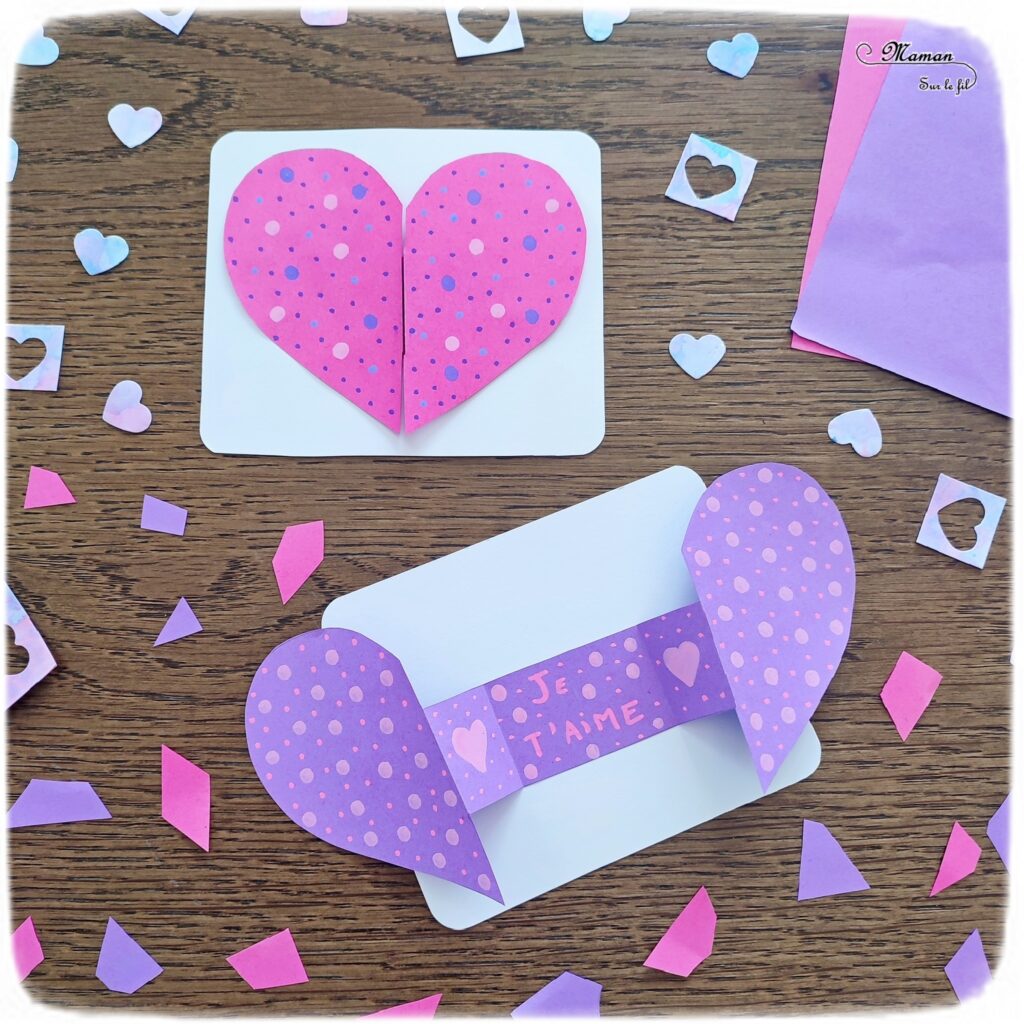 Fabriquer des cartes Coeurs qui s'ouvrent : activité créative et manuelle enfants - Bricolage DIY et cadeau Fait Maison - Découpage, pliage, collage de papier pour une carte d'amour - Message caché à l'intérieur du coeur - Cadeau, carte à offrir pour la Saint Valentin, la fête des mères, pères, grands-mères-, grands-pères... - Arts visuels et Bricolage maternelle ou élémentaire (cycles 1, 2 et 3) - Thème Saint-Valentin, Amour, Amitié, à offrir - Créativité - tutoriel photos et vidéos - mslf