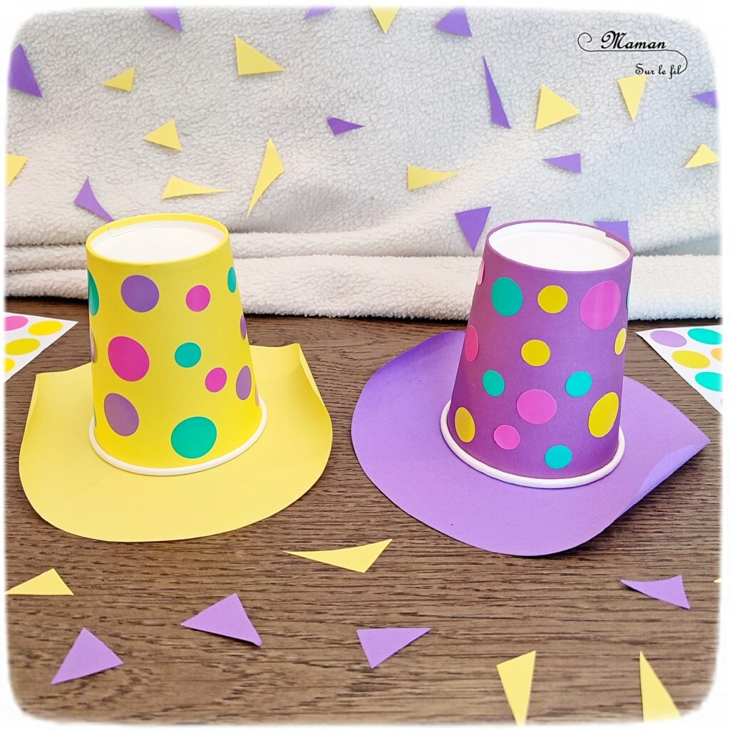 Fabriquer des chapeaux de Carnaval avec des gobelets et des gommettes : activité créative et manuelle enfants - Bricolage facile pour une décoration pour Mardi-Gras - Collage de gommettes sur des verres en carton ou en plastique - Utilisation du compas - Découpage et roulage de papier - Arts visuels et Bricolage maternelle ou élémentaire (cycles 1, 2) - Thème carnaval, Mardi-Gras, déguisement - Créativité - tutoriel photos - mslf