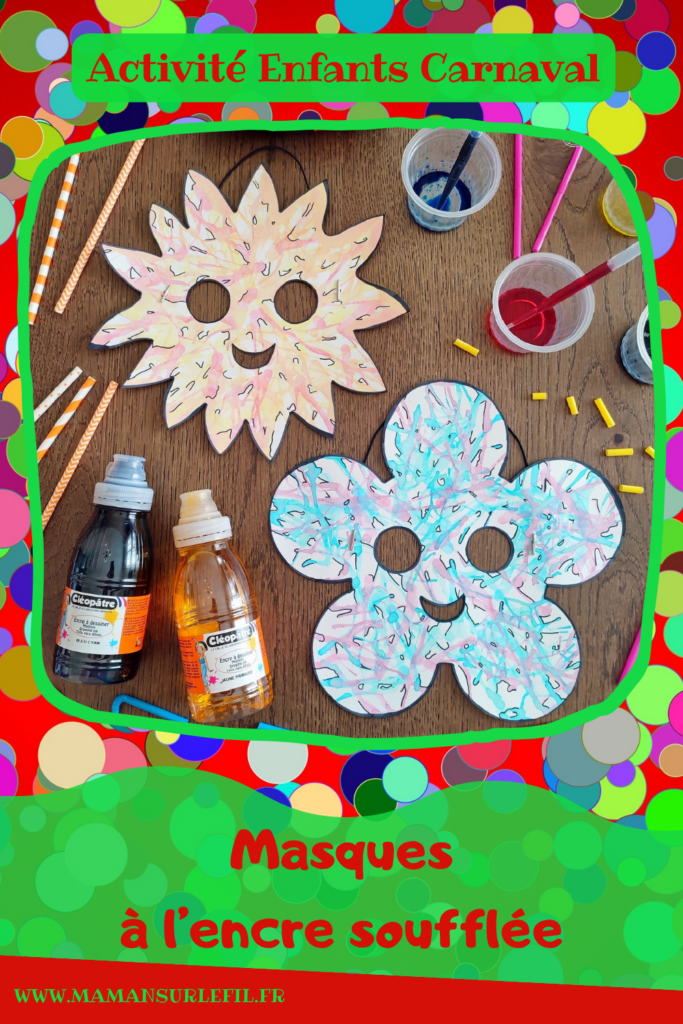 Décorer des masques à l'encre soufflée à la paille pour le carnaval : activité créative et manuelle enfants - Masques en papier cartonné (fleur et soleil) décorés avec la technique de l'encre soufflée - Pipettes et pailles - Graphismes et dessins noirs pour le contraste - Arts visuels et Bricolage maternelle ou élémentaire (cycles 1, 2) - Thème carnaval, Mardi-Gras, déguisement, printemps, fleurs, météo, soleil - Créativité - tutoriel photos - mslf