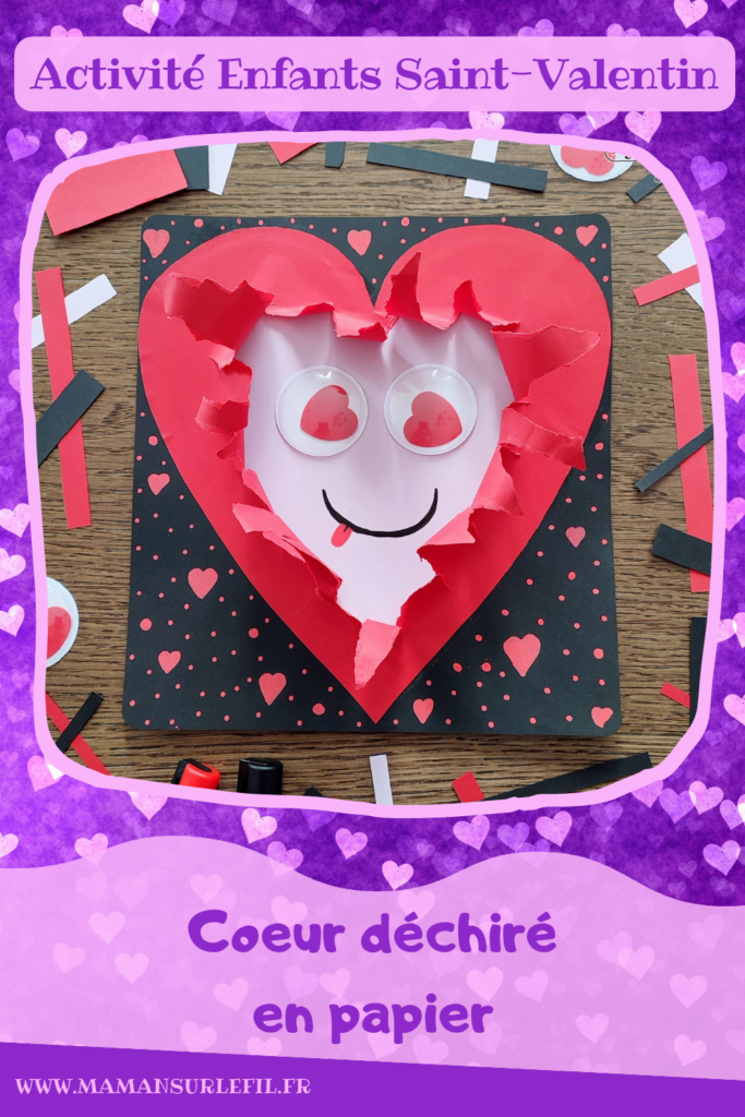 Fabriquer un coeur déchiré en son centre pour la Saint-Valentin ou tout autre occasion : activité créative et manuelle enfants - Récup' de chutes de papier divers - Déchirer, découper et coller du papier - Visage rigolo avec de gros yeux mobiles coeurs - Carte DIY - Fait maison - Dessin et graphismes - Arts visuels et Bricolage maternelle ou élémentaire (cycles 1, 2 et 3) - Thème Saint-Valentin, Amour, Amitié, à offrir, fête des mères, pères, grands-mères, grands-pères - Créativité - tutoriel photos - mslf