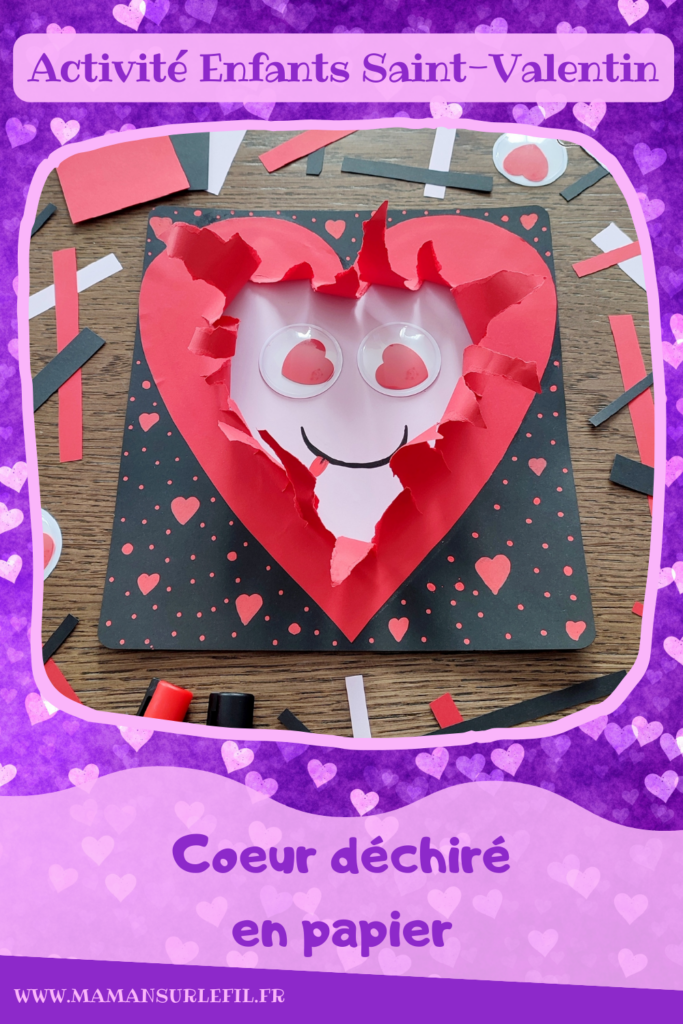 Fabriquer un coeur déchiré en son centre pour la Saint-Valentin ou tout autre occasion : activité créative et manuelle enfants - Récup' de chutes de papier divers - Déchirer, découper et coller du papier - Visage rigolo avec de gros yeux mobiles coeurs - Carte DIY - Fait maison - Dessin et graphismes - Arts visuels et Bricolage maternelle ou élémentaire (cycles 1, 2 et 3) - Thème Saint-Valentin, Amour, Amitié, à offrir, fête des mères, pères, grands-mères, grands-pères - Créativité - tutoriel photos - mslf