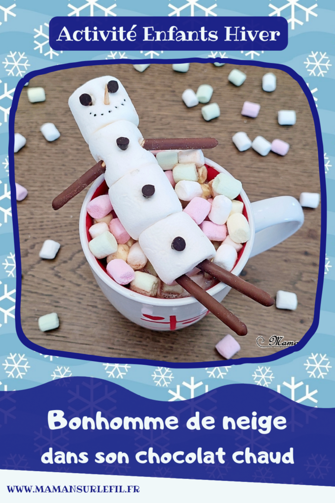 Fabriquer un bonhomme de neige en chamallows sur son lit de chocolat chaud : activité créative et cuisine enfants - Bricolage pour un goûter ou un dessert rigolo - Guimauves assemblées avec des cure-dents, gâteaux et pépites de chocolat - Mini ou grand bonhomme de neige dans son bain de chocolat chaud - Cuisine facile pour les enfants- Thème hiver, animaux de la banquise et du froid - Bricolage facile et rapide - Arts visuels et atelier Maternelle et élémentaire - Créativité - Cycle 1 ou 2 - tutoriel photos - mslf