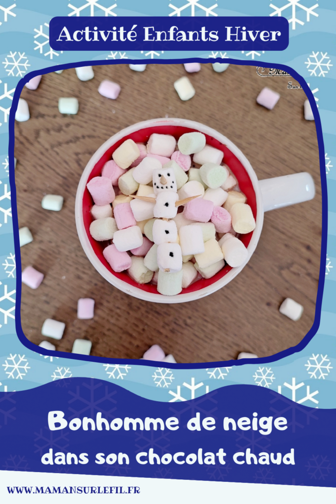 Fabriquer un bonhomme de neige en chamallows sur son lit de chocolat chaud : activité créative et cuisine enfants - Bricolage pour un goûter ou un dessert rigolo - Guimauves assemblées avec des cure-dents, gâteaux et pépites de chocolat - Mini ou grand bonhomme de neige dans son bain de chocolat chaud - Cuisine facile pour les enfants- Thème hiver, animaux de la banquise et du froid - Bricolage facile et rapide - Arts visuels et atelier Maternelle et élémentaire - Créativité - Cycle 1 ou 2 - tutoriel photos - mslf