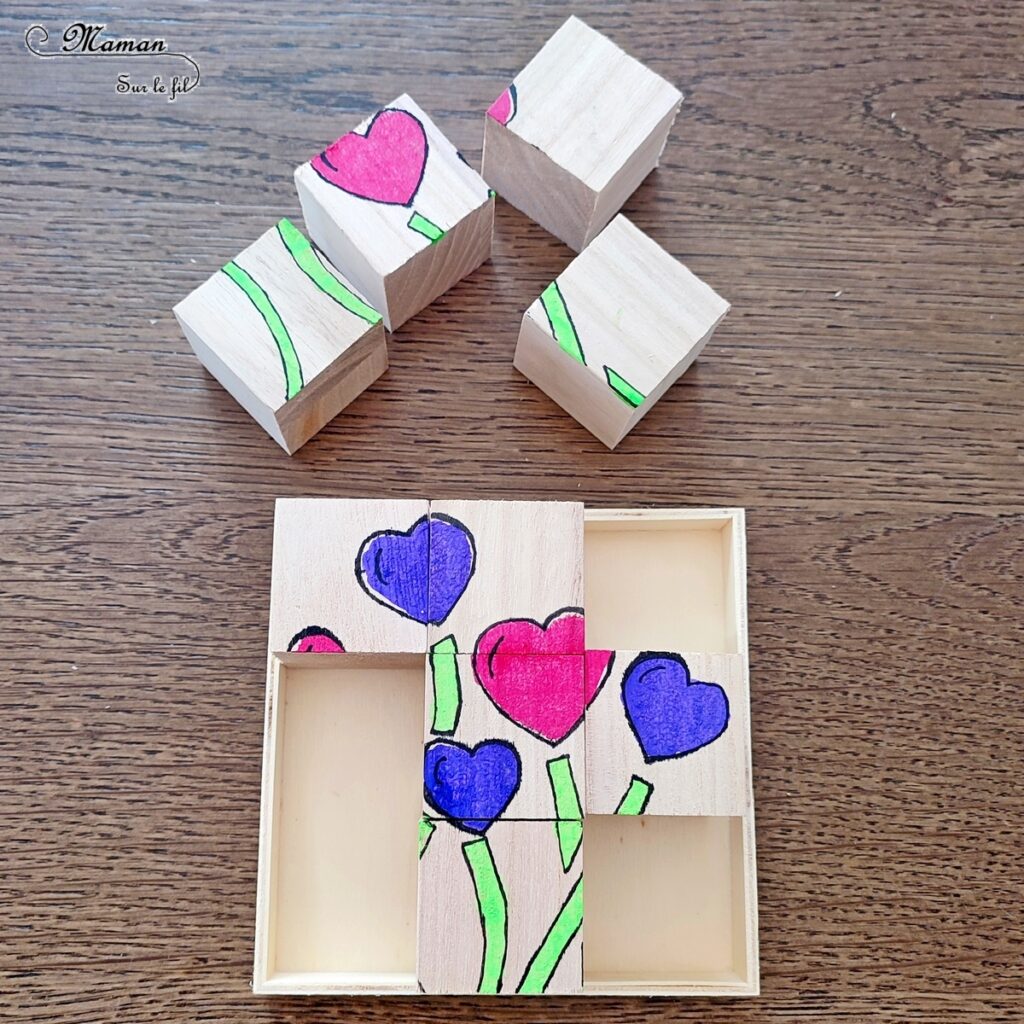 Fabriquer des cubes en bois multi-jeux : activité créative et manuelle enfants - Jeux DIY - Puzzle avec peinture et pochoirs - Morpion Insectes (abeilles et coccinelles) - Tableaux à inventer et imaginer : papiers à motifs ou peinture - Puzzle logique deux niveaux avec gommettes : papillons et fleurs - Jeux faits maison Thème Printemps - Arts visuels et Bricolage - Arts visuels et atelier Maternelle et élémentaire - Créativité - Cycle 1 ou 2 - Matériel chez Creavea - tutoriel photos - mslf