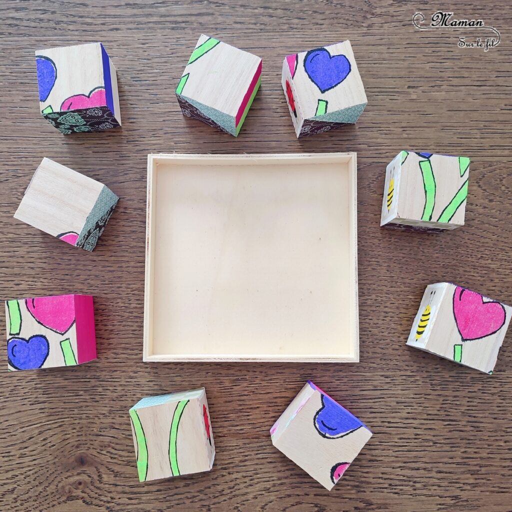 Fabriquer des cubes en bois multi-jeux : activité créative et manuelle enfants - Jeux DIY - Puzzle avec peinture et pochoirs - Morpion Insectes (abeilles et coccinelles) - Tableaux à inventer et imaginer : papiers à motifs ou peinture - Puzzle logique deux niveaux avec gommettes : papillons et fleurs - Jeux faits maison Thème Printemps - Arts visuels et Bricolage - Arts visuels et atelier Maternelle et élémentaire - Créativité - Cycle 1 ou 2 - Matériel chez Creavea - tutoriel photos - mslf