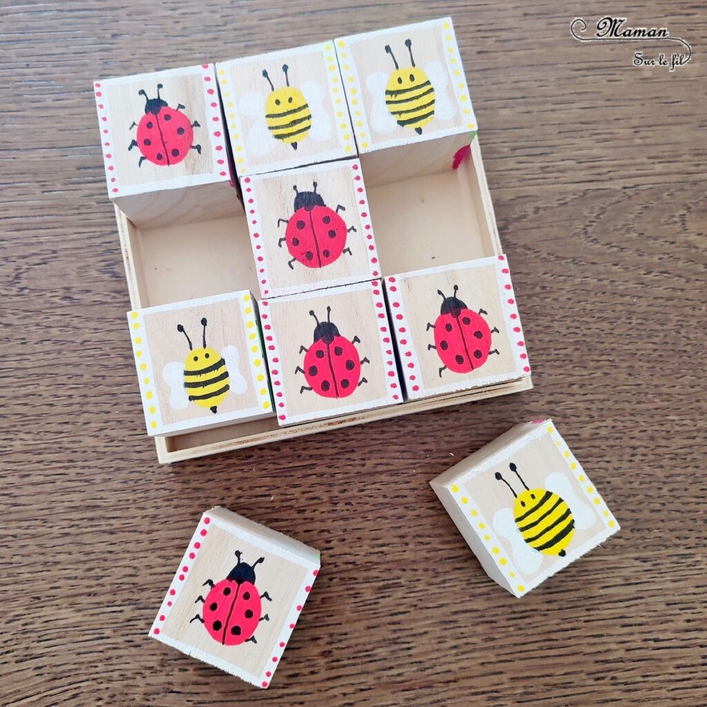 Fabriquer des cubes en bois multi-jeux : activité créative et manuelle enfants - Jeux DIY - Puzzle avec peinture et pochoirs - Morpion Insectes (abeilles et coccinelles) - Tableaux à inventer et imaginer : papiers à motifs ou peinture - Puzzle logique deux niveaux avec gommettes : papillons et fleurs - Jeux faits maison Thème Printemps - Arts visuels et Bricolage - Arts visuels et atelier Maternelle et élémentaire - Créativité - Cycle 1 ou 2 - Matériel chez Creavea - tutoriel photos - mslf