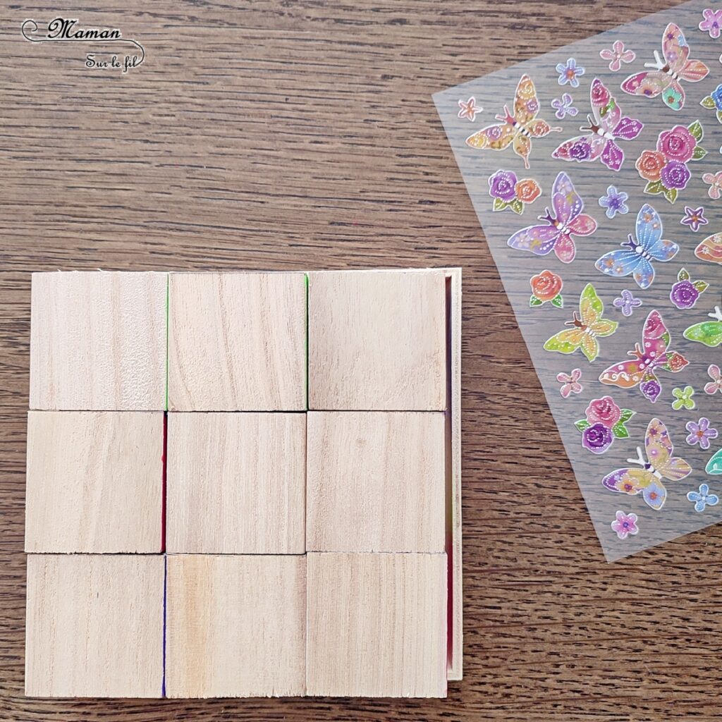 Fabriquer des cubes en bois multi-jeux : activité créative et manuelle enfants - Jeux DIY - Puzzle avec peinture et pochoirs - Morpion Insectes (abeilles et coccinelles) - Tableaux à inventer et imaginer : papiers à motifs ou peinture - Puzzle logique deux niveaux avec gommettes : papillons et fleurs - Jeux faits maison Thème Printemps - Arts visuels et Bricolage - Arts visuels et atelier Maternelle et élémentaire - Créativité - Cycle 1 ou 2 - Matériel chez Creavea - tutoriel photos - mslf