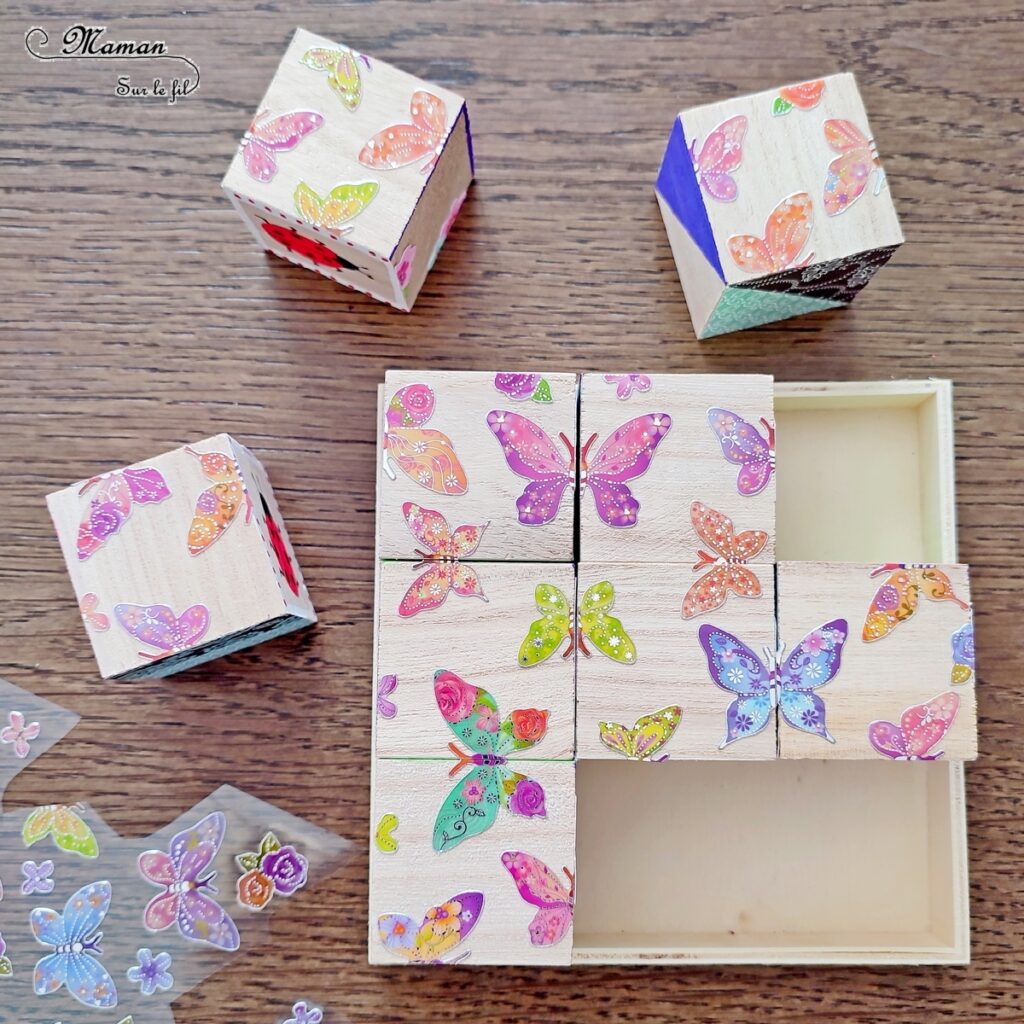 Fabriquer des cubes en bois multi-jeux : activité créative et manuelle enfants - Jeux DIY - Puzzle avec peinture et pochoirs - Morpion Insectes (abeilles et coccinelles) - Tableaux à inventer et imaginer : papiers à motifs ou peinture - Puzzle logique deux niveaux avec gommettes : papillons et fleurs - Jeux faits maison Thème Printemps - Arts visuels et Bricolage - Arts visuels et atelier Maternelle et élémentaire - Créativité - Cycle 1 ou 2 - Matériel chez Creavea - tutoriel photos - mslf